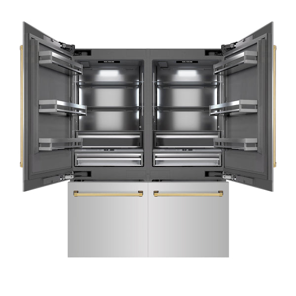ZLINE Autograph Edition 60 in. 32.2 cu. ft. French Door Built-In Bottom Freezer Refrigerator with Water Dispenser and Ice Maker in Stainless Steel with Graphite Gray Interior and Polished Gold Accents (GRBIVZ-304-60G)
