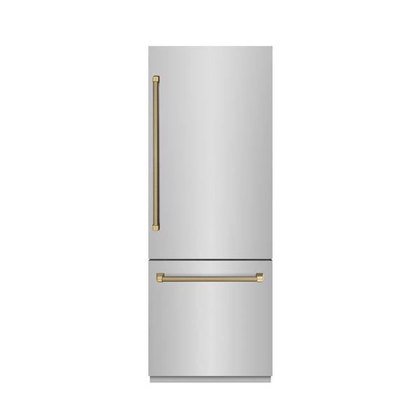 ZLINE Autograph Edition 30 in. 16.1 cu. ft. Built-In Bottom Freezer Refrigerator with Water Dispenser and Ice Maker in Stainless Steel with Graphite Gray Interior and Champagne Bronze Helix Handles (GRBIVZ-30430KCB)