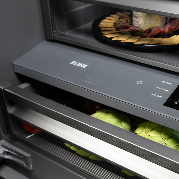 ZLINE Autograph Edition 30 in. 16.1 cu. ft. Built-In Bottom Freezer Refrigerator with Water Dispenser and Ice Maker in Stainless Steel with Graphite Gray Interior and Polished Gold Helix Handles (GRBIVZ-30430KG)