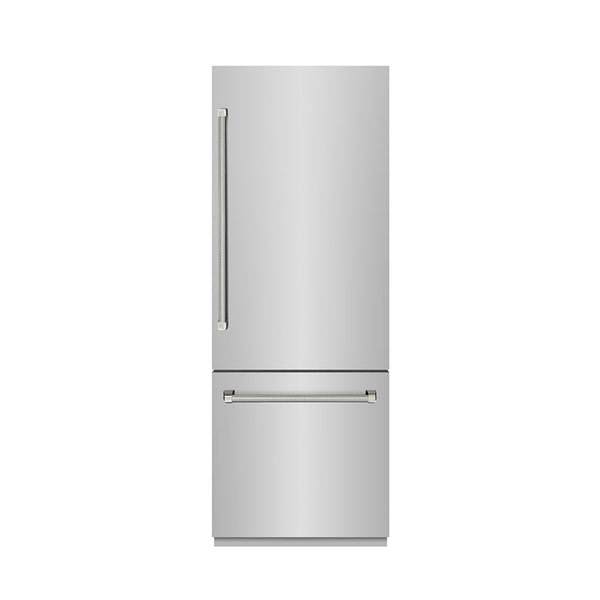 ZLINE Autograph Edition 30 in. 16.1 cu. ft. Built-In Bottom Freezer Refrigerator with Water Dispenser and Ice Maker in Stainless Steel with Graphite Gray Interior and Polished Nickel Helix Handles (GRBIVZ-30430KPN)