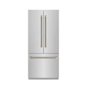ZLINE Autograph Edition 36 in. 19.6 cu. ft. French Door Built-In Bottom Freezer Refrigerator with Water Dispenser and Ice Maker in Stainless Steel with Graphite Gray Interior and Champagne Bronze Helix Handles (GRBIVZ-30436KCB)