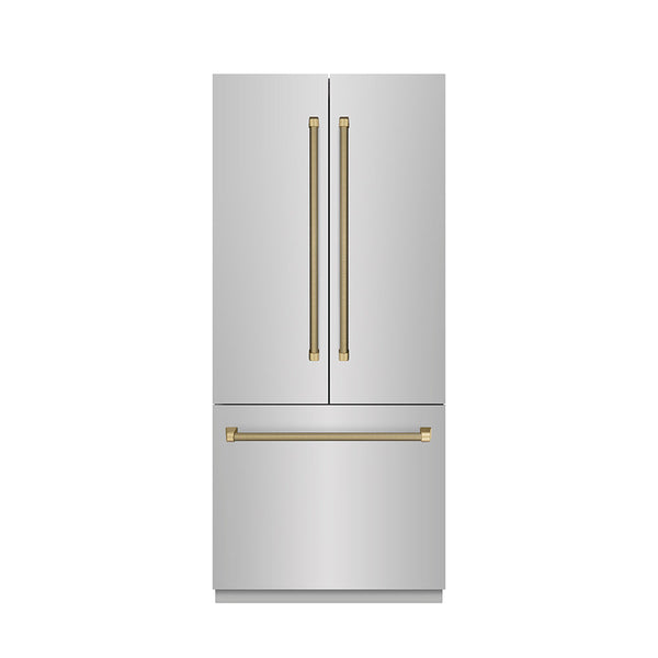 ZLINE Autograph Edition 36 in. 19.6 cu. ft. French Door Built-In Bottom Freezer Refrigerator with Water Dispenser and Ice Maker in Stainless Steel with Graphite Gray Interior and Champagne Bronze Helix Handles (GRBIVZ-30436KCB)