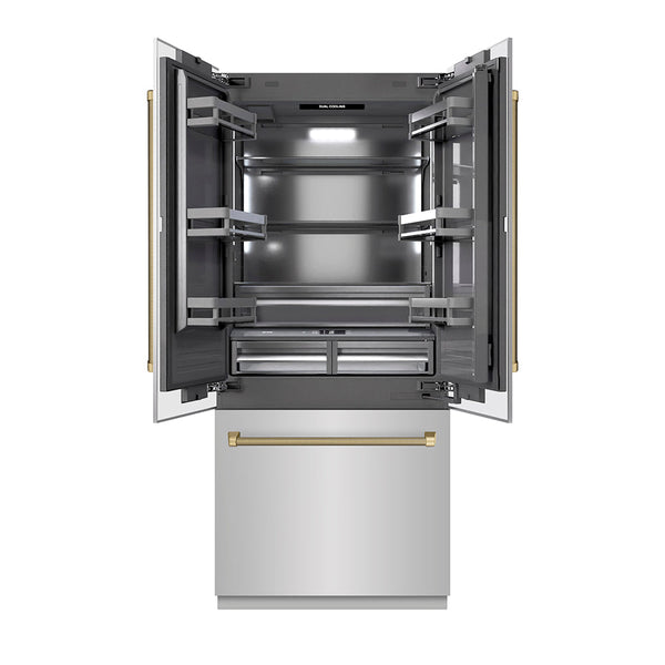 ZLINE Autograph Edition 36 in. 19.6 cu. ft. French Door Built-In Bottom Freezer Refrigerator with Water Dispenser and Ice Maker in Stainless Steel with Graphite Gray Interior and Champagne Bronze Helix Handles (GRBIVZ-30436KCB)
