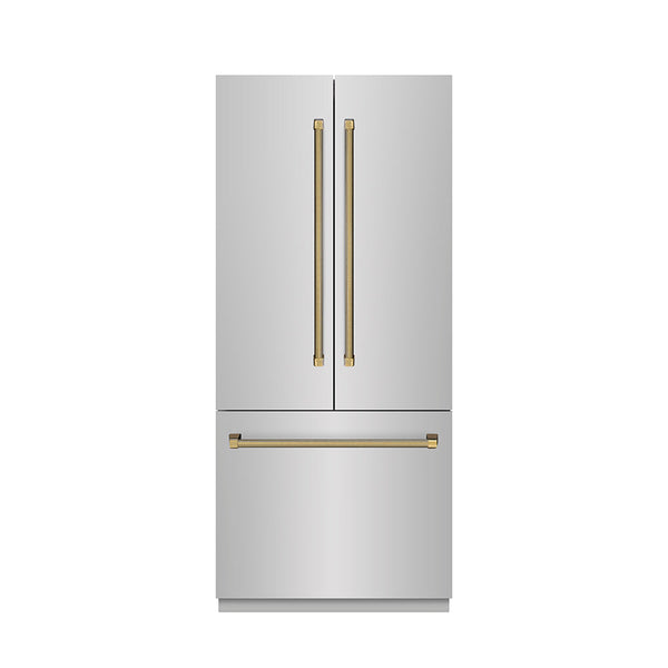 ZLINE Autograph Edition 36 in. 19.6 cu. ft. French Door Built-In Bottom Freezer Refrigerator with Water Dispenser and Ice Maker in Stainless Steel with Graphite Gray Interior and Polished Gold Helix Handles (GRBIVZ-30436KG)