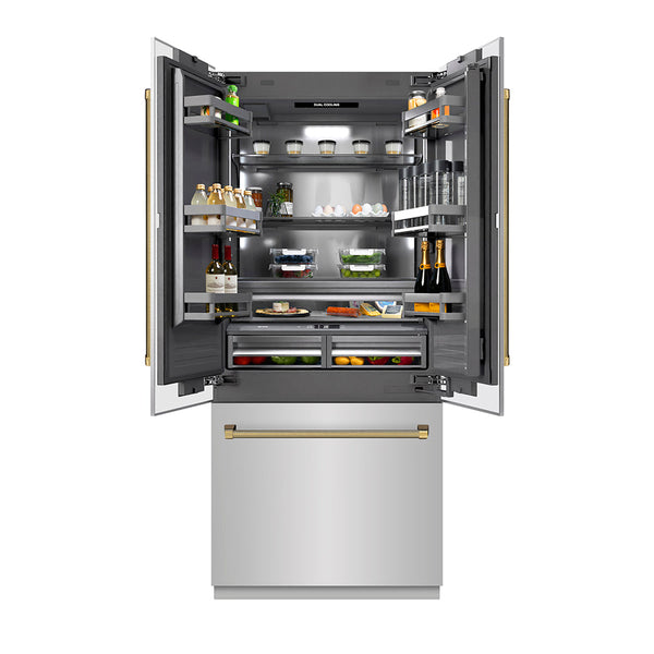 ZLINE Autograph Edition 36 in. 19.6 cu. ft. French Door Built-In Bottom Freezer Refrigerator with Water Dispenser and Ice Maker in Stainless Steel with Graphite Gray Interior and Polished Gold Helix Handles (GRBIVZ-30436KG)