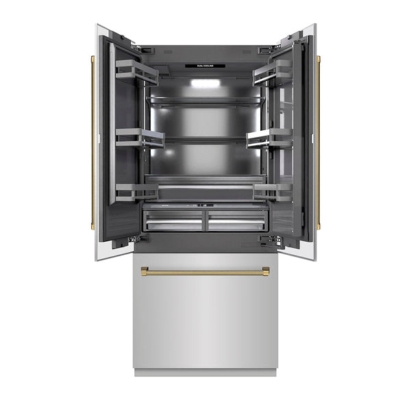 ZLINE Autograph Edition 36 in. 19.6 cu. ft. French Door Built-In Bottom Freezer Refrigerator with Water Dispenser and Ice Maker in Stainless Steel with Graphite Gray Interior and Polished Gold Helix Handles (GRBIVZ-30436KG)