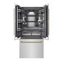 ZLINE Autograph Edition 36 in. 19.6 cu. ft. French Door Built-In Bottom Freezer Refrigerator with Water Dispenser and Ice Maker in Stainless Steel with Graphite Gray Interior and Polished Gold Helix Handles (GRBIVZ-30436KG)