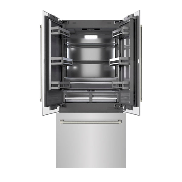 ZLINE Autograph Edition 36 in. 19.6 cu. ft. French Door Built-In Bottom Freezer Refrigerator with Water Dispenser and Ice Maker in Stainless Steel with Graphite Gray Interior and Polished Nickel Helix Handles (GRBIVZ-30436KPN)