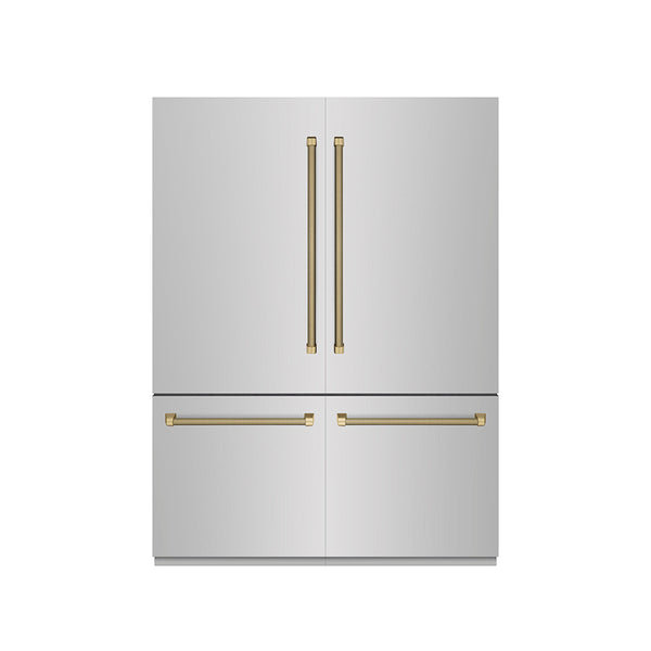 ZLINE Autograph Edition 60 in. 32.2 cu. ft. French Door Built-In Bottom Freezer Refrigerator with Water Dispenser and Ice Maker in Stainless Steel with Graphite Gray Interior and Champagne Bronze Helix Handles (GRBIVZ-30460KCB)