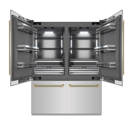 ZLINE Autograph Edition 60 in. 32.2 cu. ft. French Door Built-In Bottom Freezer Refrigerator with Water Dispenser and Ice Maker in Stainless Steel with Graphite Gray Interior and Champagne Bronze Helix Handles (GRBIVZ-30460KCB)
