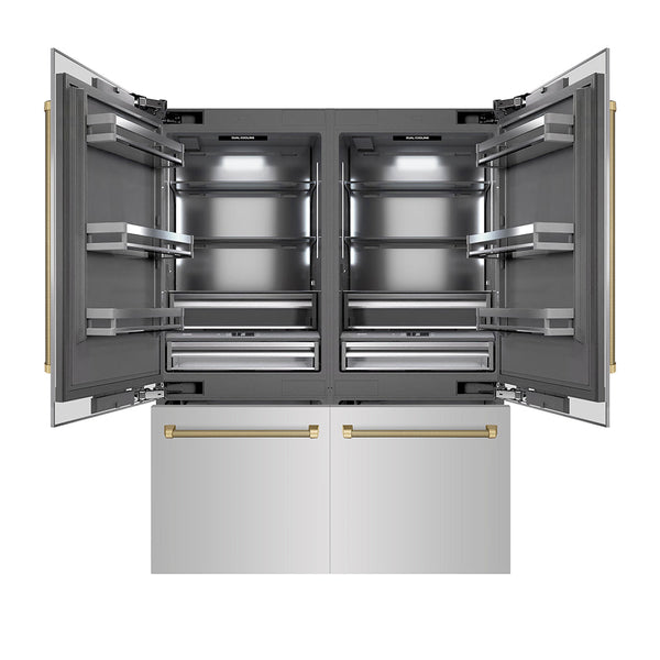 ZLINE Autograph Edition 60 in. 32.2 cu. ft. French Door Built-In Bottom Freezer Refrigerator with Water Dispenser and Ice Maker in Stainless Steel with Graphite Gray Interior and Champagne Bronze Helix Handles (GRBIVZ-30460KCB)