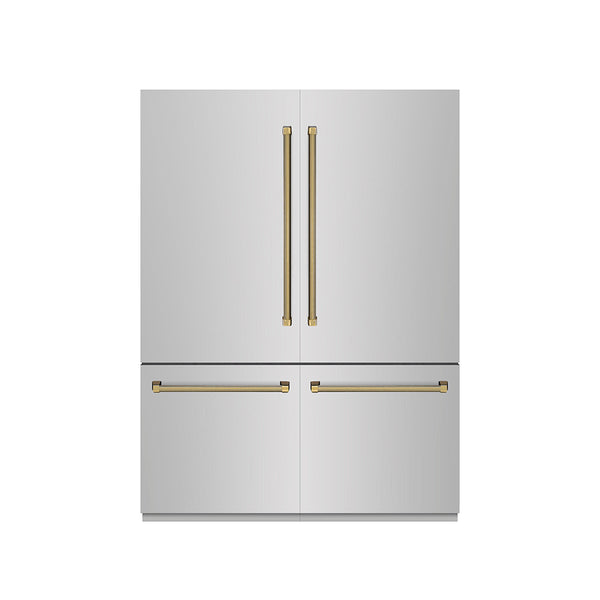 ZLINE Autograph Edition 60 in. 32.2 cu. ft. French Door Built-In Bottom Freezer Refrigerator with Water Dispenser and Ice Maker in Stainless Steel with Graphite Gray Interior and Polished Gold Helix Handles (GRBIVZ-30460KG)