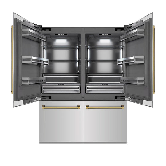 ZLINE Autograph Edition 60 in. 32.2 cu. ft. French Door Built-In Bottom Freezer Refrigerator with Water Dispenser and Ice Maker in Stainless Steel with Graphite Gray Interior and Polished Gold Helix Handles (GRBIVZ-30460KG)