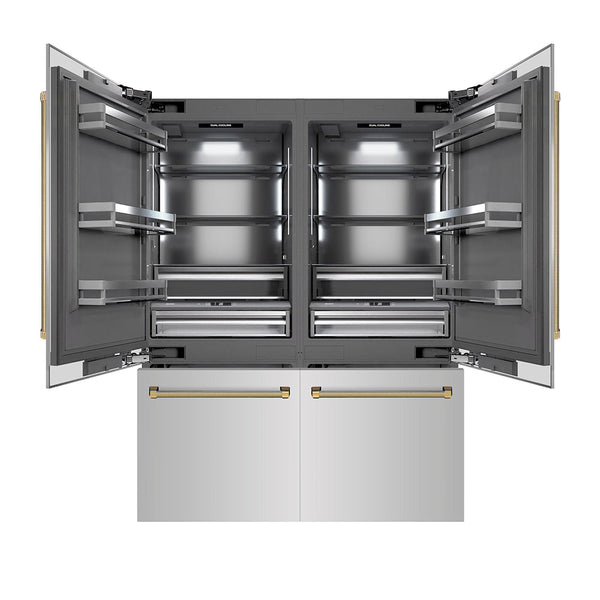 ZLINE Autograph Edition 60 in. 32.2 cu. ft. French Door Built-In Bottom Freezer Refrigerator with Water Dispenser and Ice Maker in Stainless Steel with Graphite Gray Interior and Polished Gold Helix Handles (GRBIVZ-30460KG)