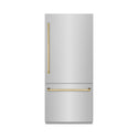 ZLINE Autograph Edition 36 in. 19.8 cu. ft. Built-In Bottom Freezer Refrigerator with Water Dispenser and Ice Maker in Stainless Steel with Polished Gold Accents (RBITZ-304-36G)