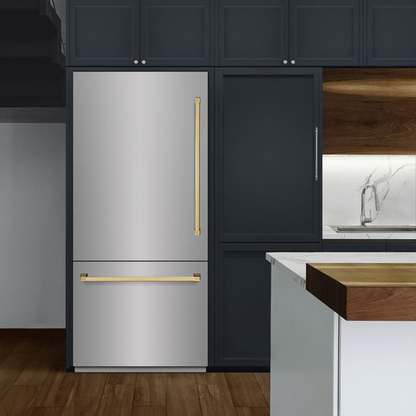 ZLINE Autograph Edition 36 in. 19.8 cu. ft. Built-In Bottom Freezer Refrigerator with Water Dispenser and Ice Maker in Stainless Steel with Polished Gold Accents (RBITZ-304-36G)