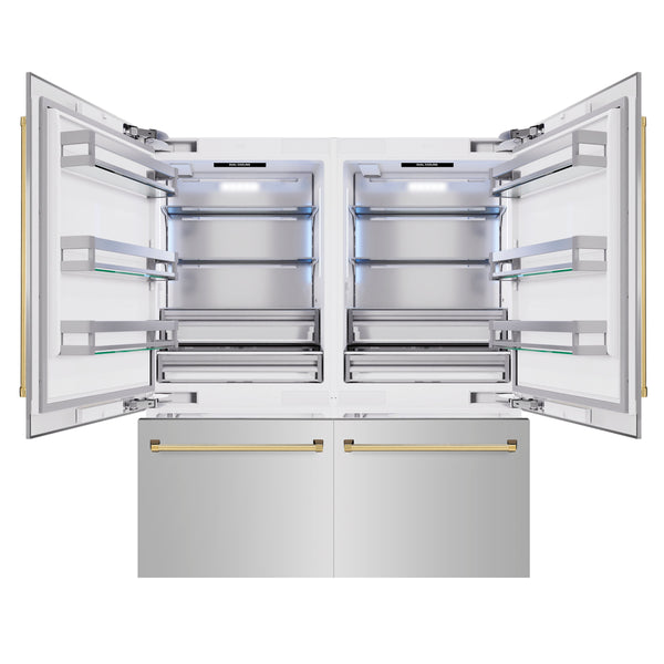 ZLINE Autograph Edition 72 in. 39.6 cu. ft. French Door Built-In Bottom Freezer Refrigerator with Water Dispensers and Ice Makers in Stainless Steel with Polished Gold Accents (RBITZ-304-72G)