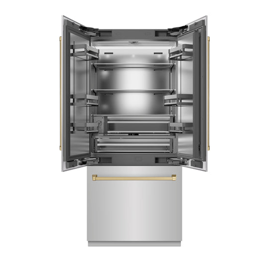 ZLINE Autograph Edition 36 in. 19.6 cu. ft. French Door Built-In Bottom Freezer Refrigerator with Water Dispenser and Ice Maker in Stainless Steel with Stainless Steel Interior and Champagne Bronze Accents (SRBIVZ-304-36CB)