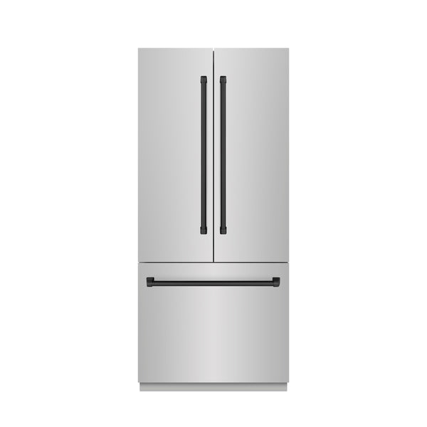 ZLINE Autograph Edition 36 in. 19.6 cu. ft. French Door Built-In Bottom Freezer Refrigerator with Water Dispenser and Ice Maker in Stainless Steel with Stainless Steel Interior and Matte Black Accents (SRBIVZ-304-36MB)