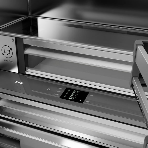 ZLINE Autograph Edition 36 in. 19.6 cu. ft. French Door Built-In Bottom Freezer Refrigerator with Water Dispenser and Ice Maker in Stainless Steel with Stainless Steel Interior and Champagne Bronze Helix Handles (SRBIVZ-30436KCB)