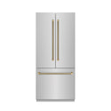 ZLINE Autograph Edition 36 in. 19.6 cu. ft. French Door Built-In Bottom Freezer Refrigerator with Water Dispenser and Ice Maker in Stainless Steel with Stainless Steel Interior and Champagne Bronze Helix Handles (SRBIVZ-30436KCB)
