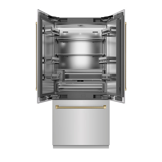 ZLINE Autograph Edition 36 in. 19.6 cu. ft. French Door Built-In Bottom Freezer Refrigerator with Water Dispenser and Ice Maker in Stainless Steel with Stainless Steel Interior and Champagne Bronze Helix Handles (SRBIVZ-30436KCB)