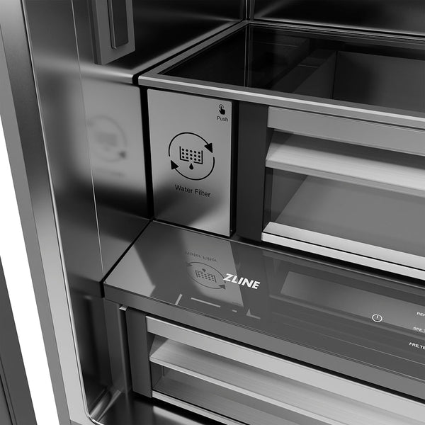 ZLINE Autograph Edition 36 in. 19.6 cu. ft. French Door Built-In Bottom Freezer Refrigerator with Water Dispenser and Ice Maker in Stainless Steel with Stainless Steel Interior and Polished Gold Helix Handles (SRBIVZ-30436KG)