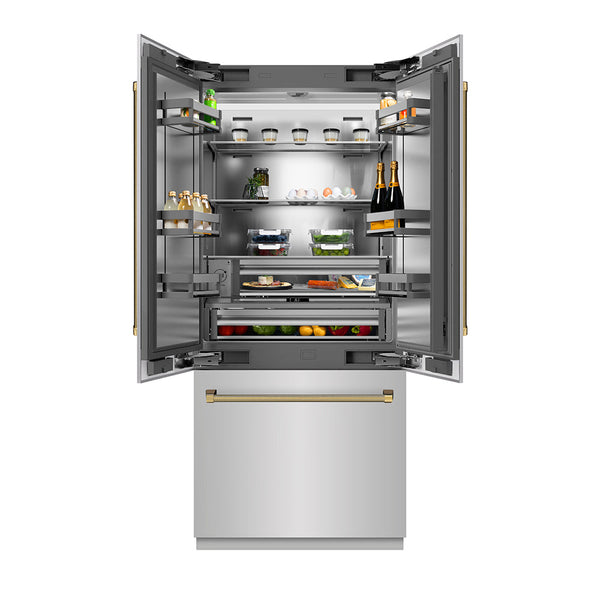 ZLINE Autograph Edition 36 in. 19.6 cu. ft. French Door Built-In Bottom Freezer Refrigerator with Water Dispenser and Ice Maker in Stainless Steel with Stainless Steel Interior and Polished Gold Helix Handles (SRBIVZ-30436KG)