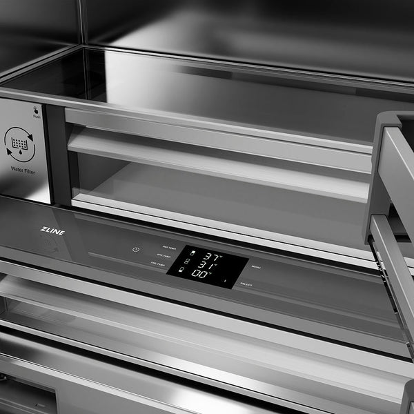 ZLINE Autograph Edition 36 in. 19.6 cu. ft. French Door Built-In Bottom Freezer Refrigerator with Water Dispenser and Ice Maker in Stainless Steel with Stainless Steel Interior and Polished Nickel Helix Handles (SRBIVZ-30436KPN)
