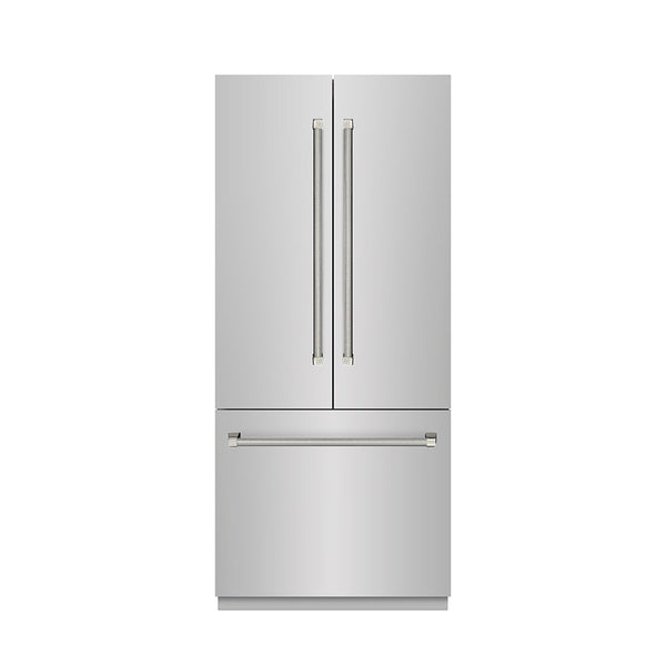ZLINE Autograph Edition 36 in. 19.6 cu. ft. French Door Built-In Bottom Freezer Refrigerator with Water Dispenser and Ice Maker in Stainless Steel with Stainless Steel Interior and Polished Nickel Helix Handles (SRBIVZ-30436KPN)
