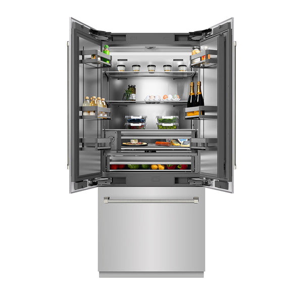 ZLINE Autograph Edition 36 in. 19.6 cu. ft. French Door Built-In Bottom Freezer Refrigerator with Water Dispenser and Ice Maker in Stainless Steel with Stainless Steel Interior and Polished Nickel Helix Handles (SRBIVZ-30436KPN)