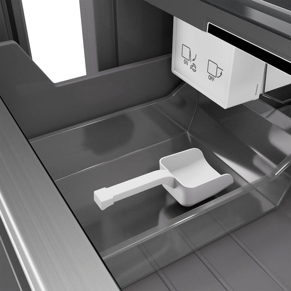 ZLINE Autograph Edition 18 in. 8.6 cu. ft. Left Hinge Column Freezer in White Matte with Graphite Gray Interior and Matte Black Accents (RCFVLZ-WM-18-MB) close-up detail, internal ice maker and scoop.