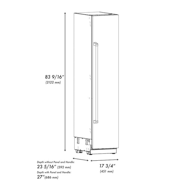ZLINE 18 in. 8.6 cu. ft. Right Hinge Column Freezer in White Matte with Graphite Gray Interior (RCFVR-WM-18) dimensional diagram.