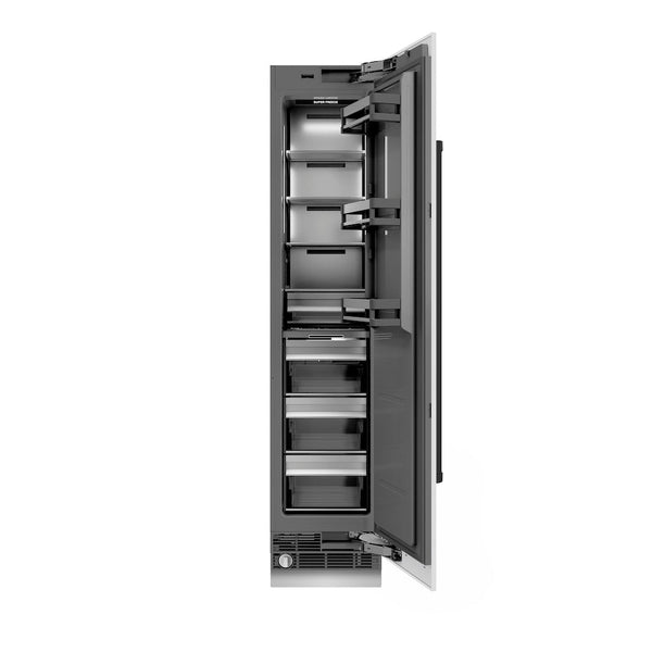 ZLINE Autograph Edition 18 in. 8.6 cu. ft. Right Hinge Column Freezer in White Matte with Graphite Gray Interior and Matte Black Accents (RCFVRZ-WM-18-MB) front, open.