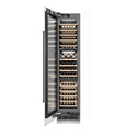 ZLINE Autograph Edition 18 in. 9.0 cu. ft. Triple Zone 68 Bottle Left Hinge Column Wine Cooler in White Matte with Matte Black Accents (RCWVLZ-WM-18-MB) front, open, with wine on racks.