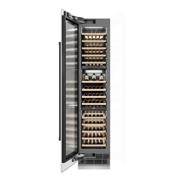 ZLINE Autograph Edition 18 in. 9.0 cu. ft. Triple Zone 68 Bottle Left Hinge Column Wine Cooler in White Matte with Matte Black Accents (RCWVLZ-WM-18-MB) front, open, with wine on racks.