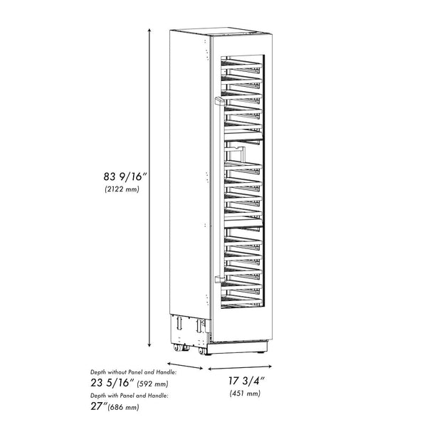 ZLINE 18 in. 9.0 cu. ft. Triple Zone 68 Bottle Right Hinge Column Wine Cooler in White Matte (RCWVR-WM-18) dimensional diagram.
