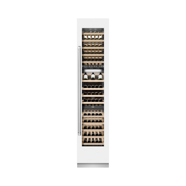 ZLINE 18 in. 9.0 cu. ft. Triple Zone 68 Bottle Right Hinge Column Wine Cooler in White Matte (RCWVR-WM-18) front, closed, with wine on racks.