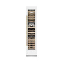 ZLINE Autograph Edition 18 in. 9.0 cu. ft. Triple Zone 68 Bottle Right Hinge Column Wine Cooler in White Matte with Champagne Bronze Accents (RCWVRZ-WM-18-CB) front, closed, with wine on racks.