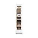ZLINE Autograph Edition 18 in. 9.0 cu. ft. Triple Zone 68 Bottle Right Hinge Column Wine Cooler in White Matte with Polished Gold Accents (RCWVRZ-WM-18-G) front, closed, with wine on racks.
