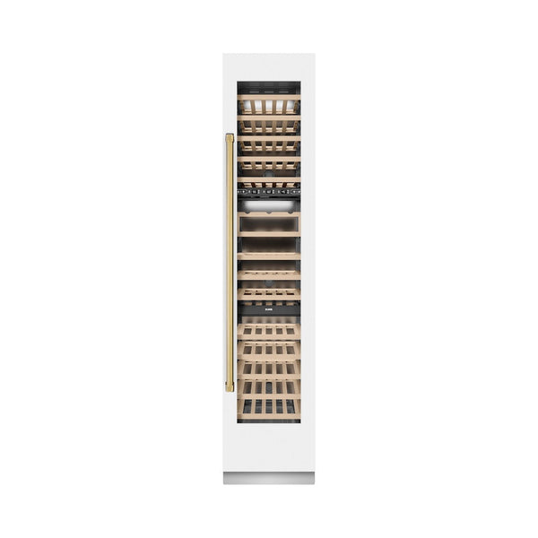 ZLINE Autograph Edition 18 in. 9.0 cu. ft. Triple Zone 68 Bottle Right Hinge Column Wine Cooler in White Matte with Polished Gold Accents (RCWVRZ-WM-18-G) front, closed.