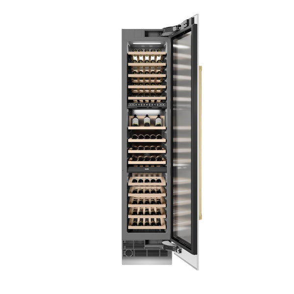 ZLINE Autograph Edition 18 in. 9.0 cu. ft. Triple Zone 68 Bottle Right Hinge Column Wine Cooler in White Matte with Polished Gold Accents (RCWVRZ-WM-18-G) front, open, with wine on racks.