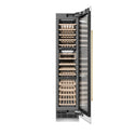 ZLINE Autograph Edition 18 in. 9.0 cu. ft. Triple Zone 68 Bottle Right Hinge Column Wine Cooler in White Matte with Polished Gold Accents (RCWVRZ-WM-18-G) front, open.