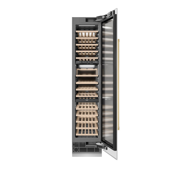 ZLINE Autograph Edition 18 in. 9.0 cu. ft. Triple Zone 68 Bottle Right Hinge Column Wine Cooler in White Matte with Polished Gold Accents (RCWVRZ-WM-18-G) front, open.