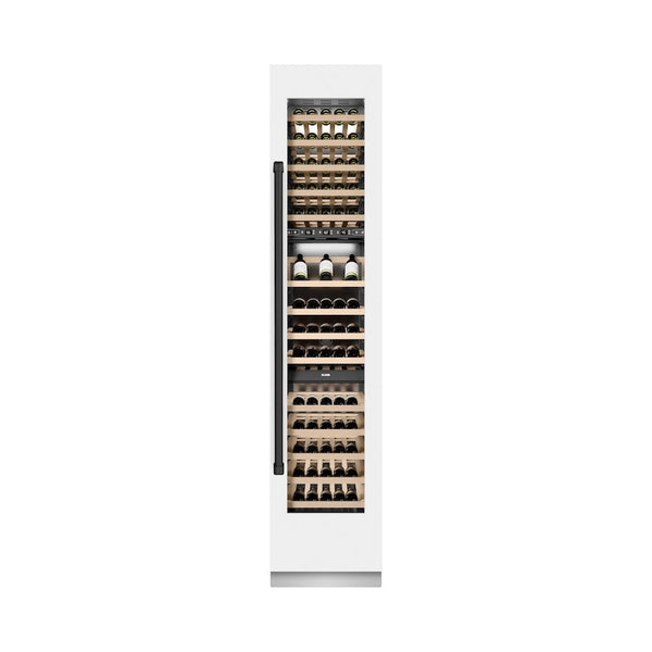 ZLINE Autograph Edition 18 in. 9.0 cu. ft. Triple Zone 68 Bottle Right Hinge Column Wine Cooler in White Matte with Matte Black Accents (RCWVRZ-WM-18-MB) front, closed, with wine on racks.