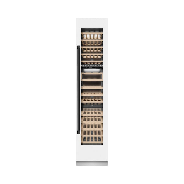 ZLINE Autograph Edition 18 in. 9.0 cu. ft. Triple Zone 68 Bottle Right Hinge Column Wine Cooler in White Matte with Matte Black Accents (RCWVRZ-WM-18-MB) front, closed.