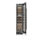 ZLINE Autograph Edition 18 in. 9.0 cu. ft. Triple Zone 68 Bottle Right Hinge Column Wine Cooler in White Matte with Matte Black Accents (RCWVRZ-WM-18-MB) front, open, with wine on racks.