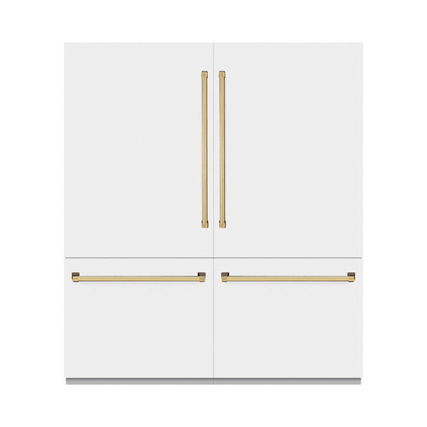 ZLINE Autograph Edition 72 in. 39.6 cu. ft. French Door Built-In Bottom Freezer Refrigerator with Water Dispensers and Ice Makers in White Matte with Graphite Gray Interior and Polished Gold Accents (GRBITZ-WM-72-G)
