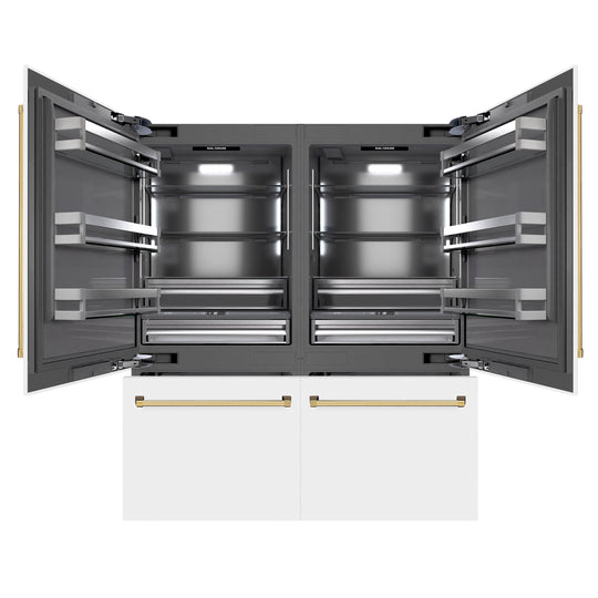ZLINE Autograph Edition 72 in. 39.6 cu. ft. French Door Built-In Bottom Freezer Refrigerator with Water Dispensers and Ice Makers in White Matte with Graphite Gray Interior and Polished Gold Accents (GRBITZ-WM-72-G)