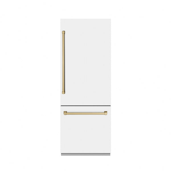 ZLINE Autograph Edition 30 in. 16.1 cu. ft. Built-In Bottom Freezer Refrigerator with Water Dispenser and Ice Maker in White Matte with Graphite Gray Interior and Champagne Bronze Accents (GRBIVZ-WM-30-CB)